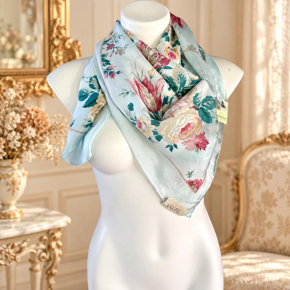 Vintage Club 7 Echo NWT 80s Silk Japan Scarf Aqua Floral Roses Tulips 34x34